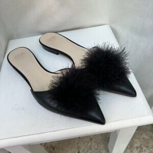 FRANCES VALENTINE Pointed Toe Feather Buckle Black Slides